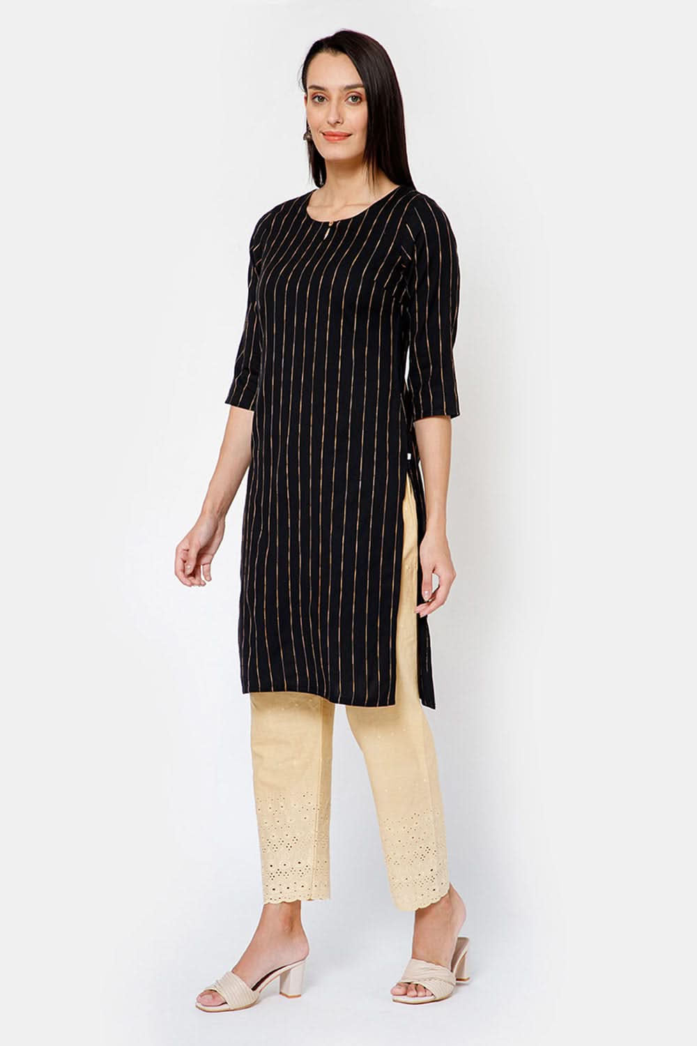 Mythri Women Knee Length Straight Kurtha - Black - KU34