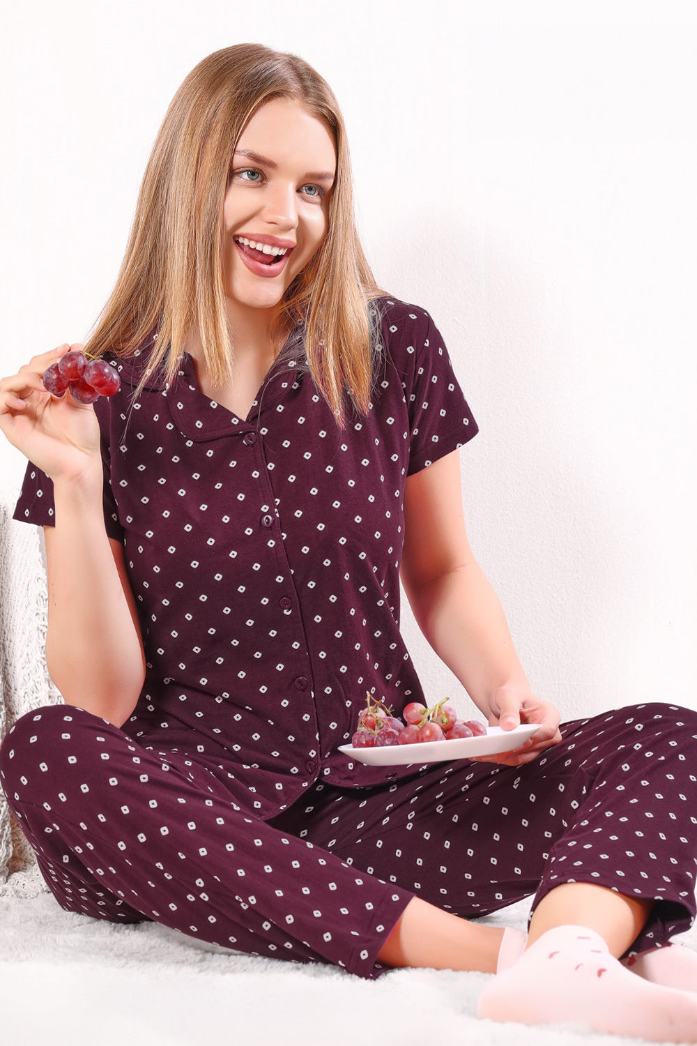 Women’s Cotton Blend Printed Night Suit | 2 Piece Round Neck Short Sleeve Full Length Nightwear Set | 1359-4425