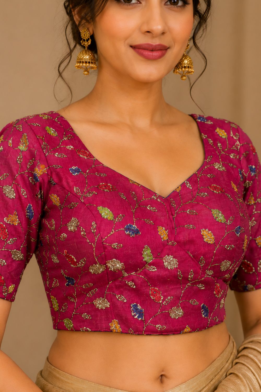 Women's Embroidered Art Silk Readymade Saree Blouse | V-Neck Elbow Sleeve Designer Blouse for Women | Festive, Wedding & Ethnic Wear - 4447