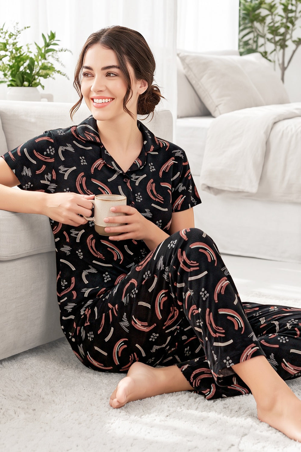 Women’s Cotton Blend Printed Night Suit | 2 Piece Round Neck Short Sleeve Full Length Nightwear Set |1359-4457