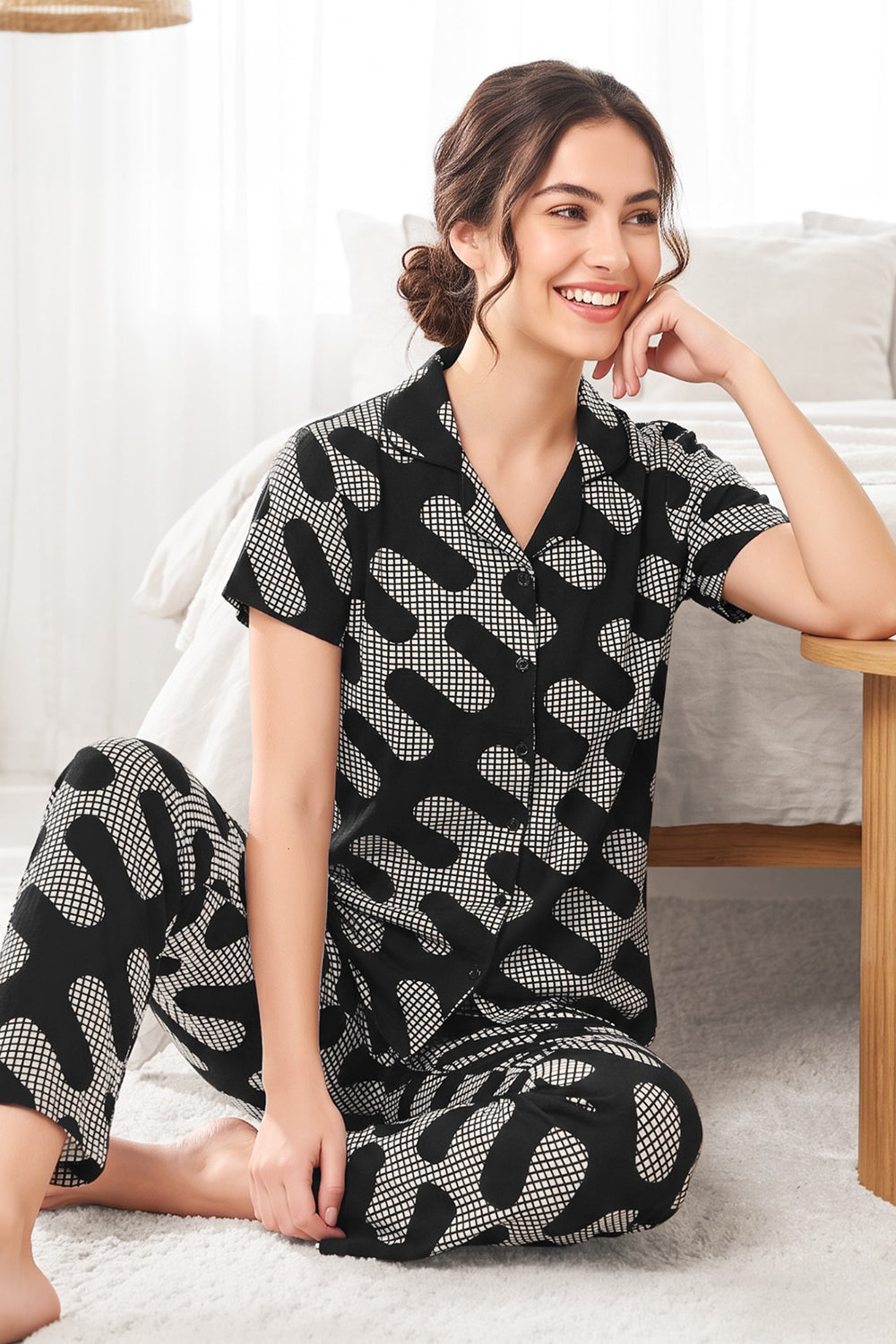 Women’s Cotton Blend Printed Night Suit | 2 Piece Round Neck Short Sleeve Full Length Nightwear Set |1359-4458