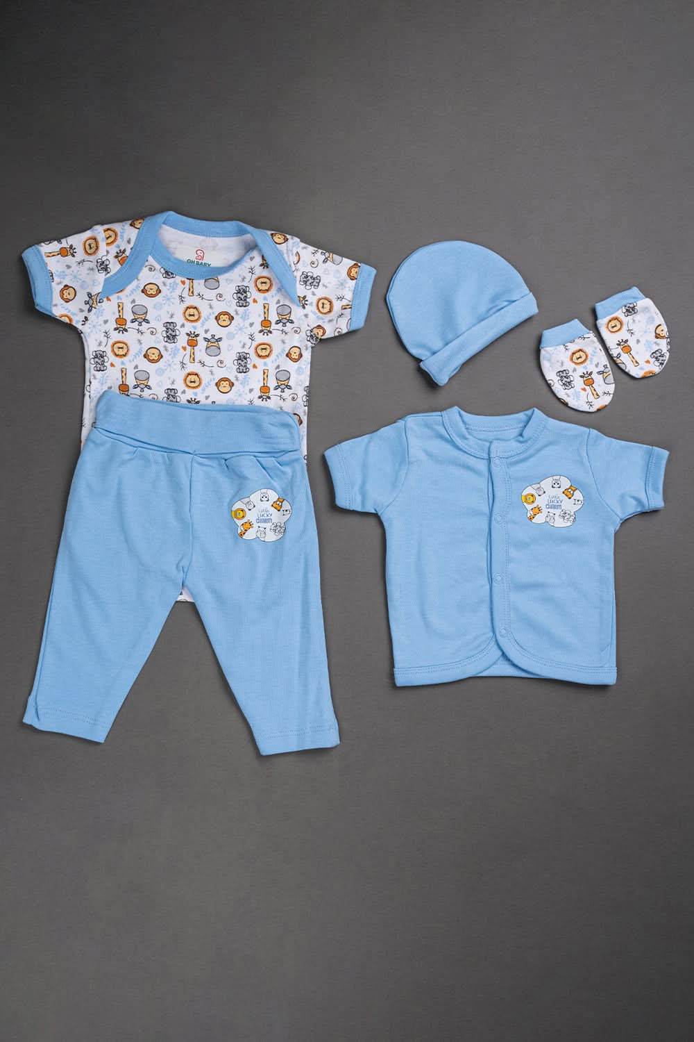 Oh Baby Cotton Interlock Knit Animal Print Infant Gift Set - Sky Blue - S204 - Naidu Hall Family Store
