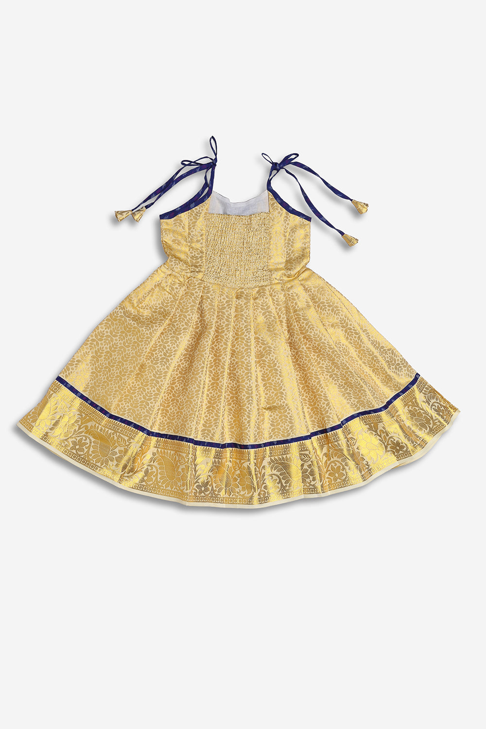 Chittythali Girls Semi Silk Ethnic Frock with Ikat Panel & Back Smocking | Shoulder Tie Traditional Festive Dress - FR63