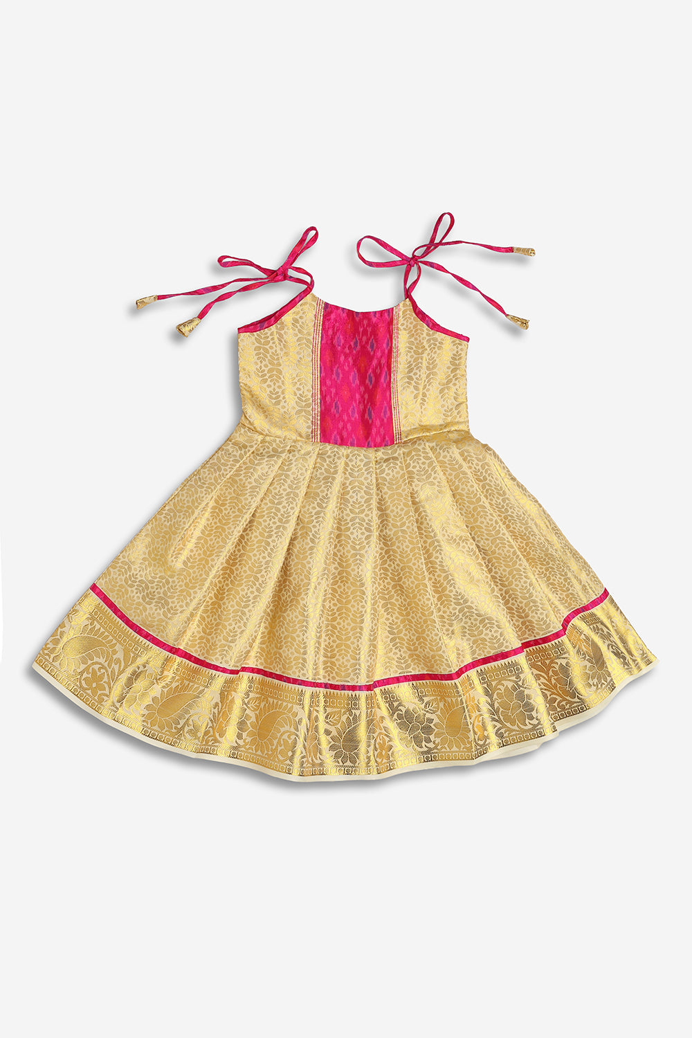 Chittythali Girls Semi Silk Ethnic Frock with Ikat Panel & Back Smocking | Shoulder Tie Traditional Festive Dress - FR63