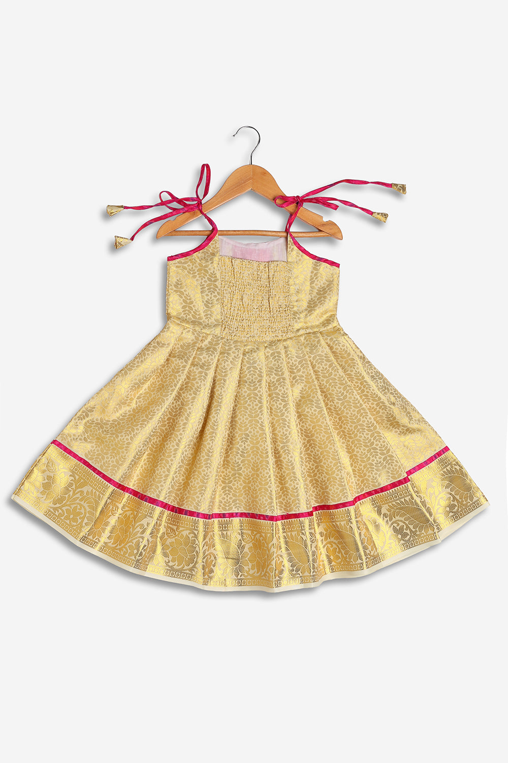 Chittythali Girls Semi Silk Ethnic Frock with Ikat Panel & Back Smocking | Shoulder Tie Traditional Festive Dress - FR63