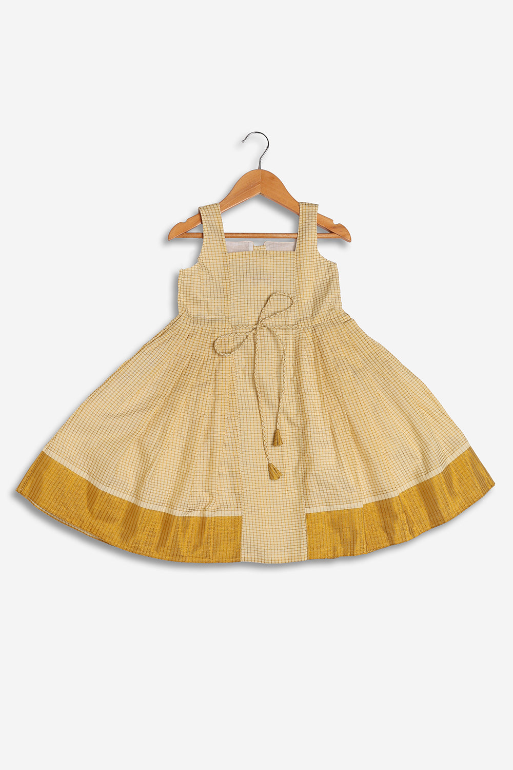 Chittythali Girls Semi Silk Ethnic Frock with Multi-Panel Design | Front Gold Button & Waist Tie-Up Traditional Dress - FR64