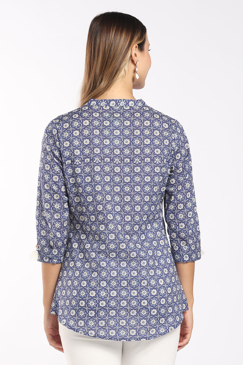 Mythri Women's Cotton Block Print Top | Floral Printed Mandarin Collar V-Neck Top with Tassel Sleeves | Casual & Office Wear - T415