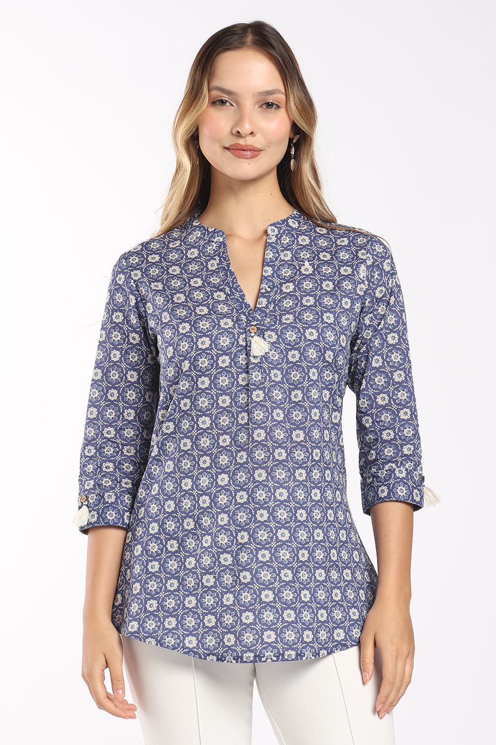 Mythri Women's Cotton Block Print Top | Floral Printed Mandarin Collar V-Neck Top with Tassel Sleeves | Casual & Office Wear - T415