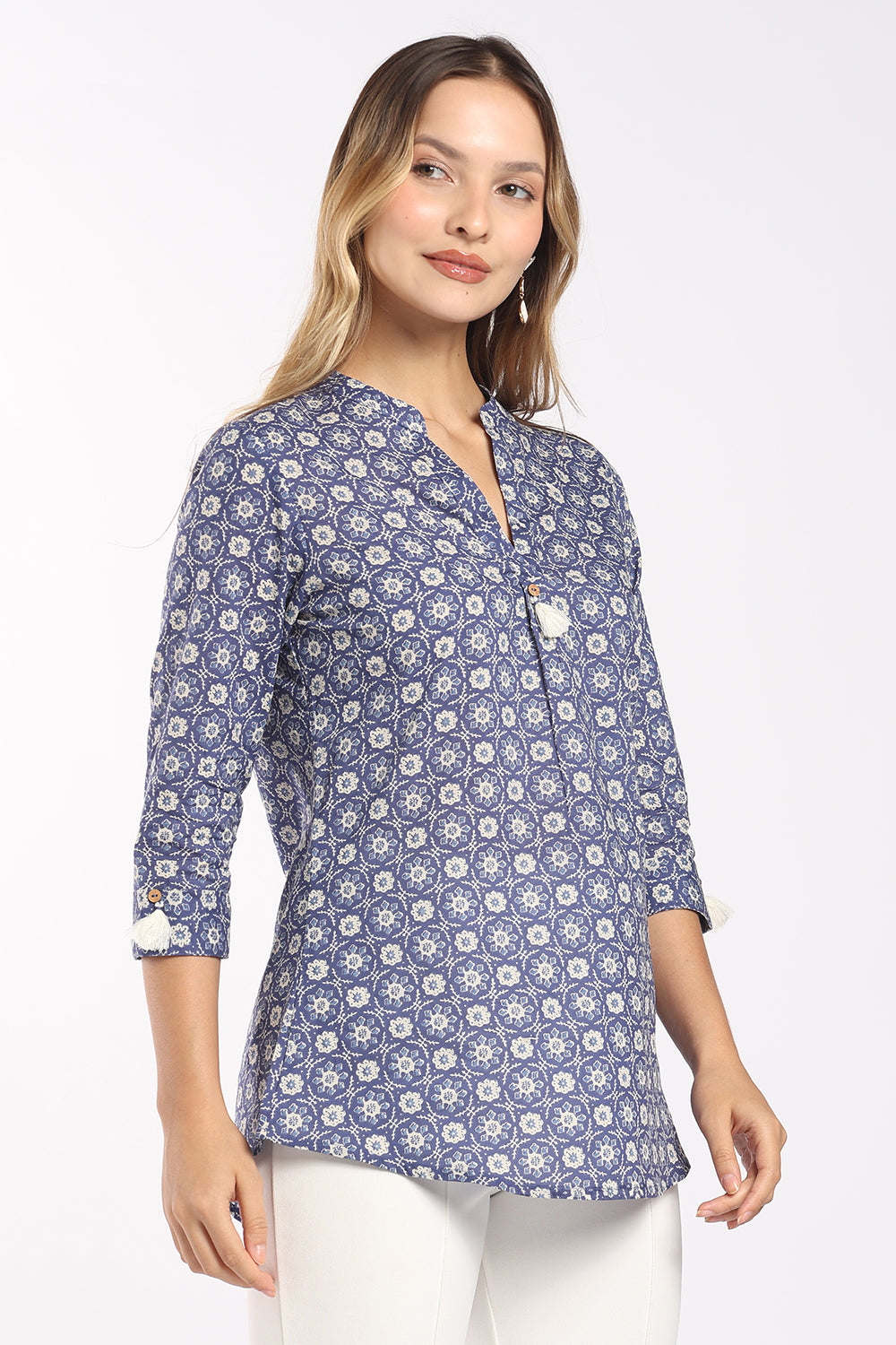 Mythri Women's Cotton Block Print Top | Floral Printed Mandarin Collar V-Neck Top with Tassel Sleeves | Casual & Office Wear - T415