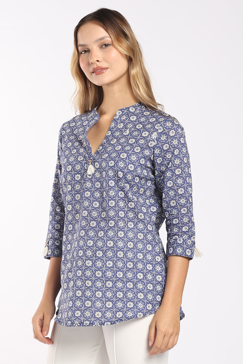 Mythri Women's Cotton Block Print Top | Floral Printed Mandarin Collar V-Neck Top with Tassel Sleeves | Casual & Office Wear - T415