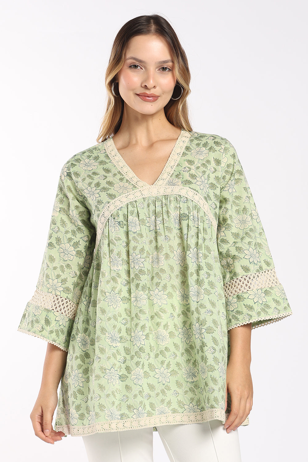 Mythri Women's Cotton V-Neck Top | Empire Waist Lace Detail Top for Women | Regular Fit Casual, Office & Everyday Wear - SH10