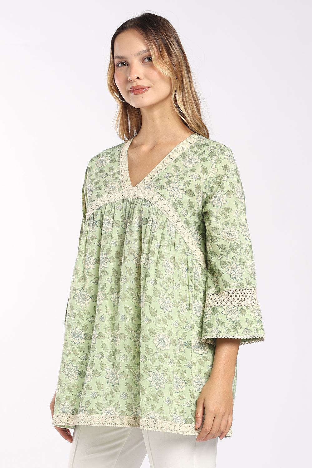 Mythri Women's Cotton V-Neck Top | Empire Waist Lace Detail Top for Women | Regular Fit Casual, Office & Everyday Wear - SH10