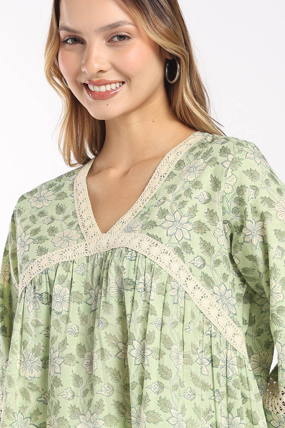 Mythri Women's Cotton V-Neck Top | Empire Waist Lace Detail Top for Women | Regular Fit Casual, Office & Everyday Wear - SH10