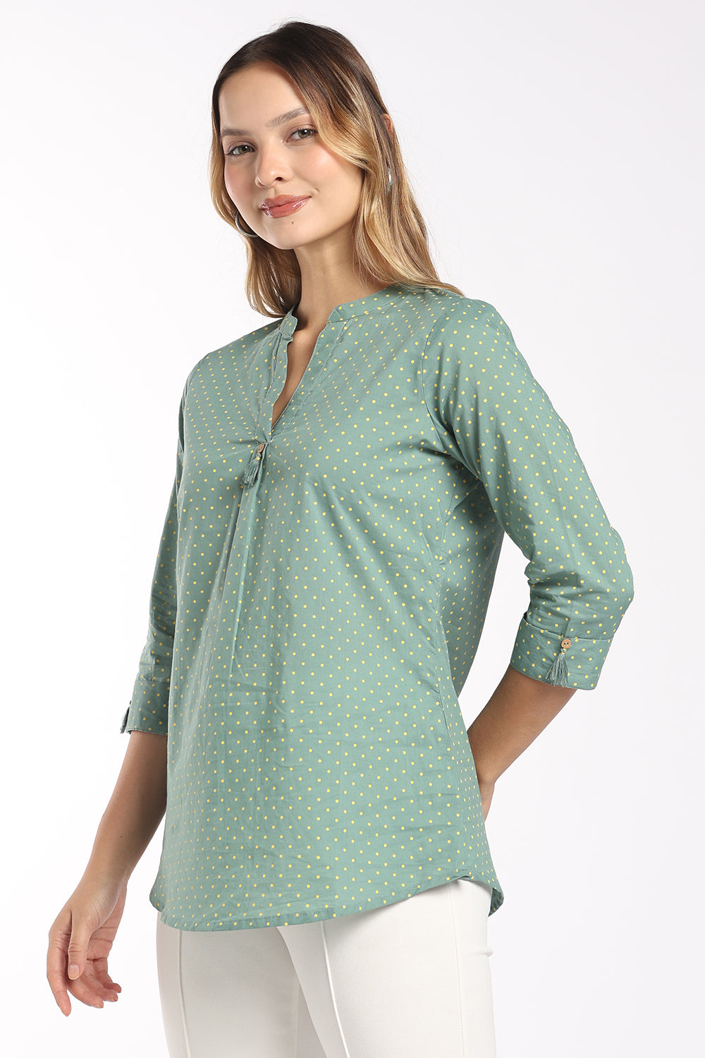 Mythri Women's Cotton Polka Dot Top | Micro Polka Print Notch Neck Top for Women | Regular Fit Casual, Office & Everyday Wear - T413
