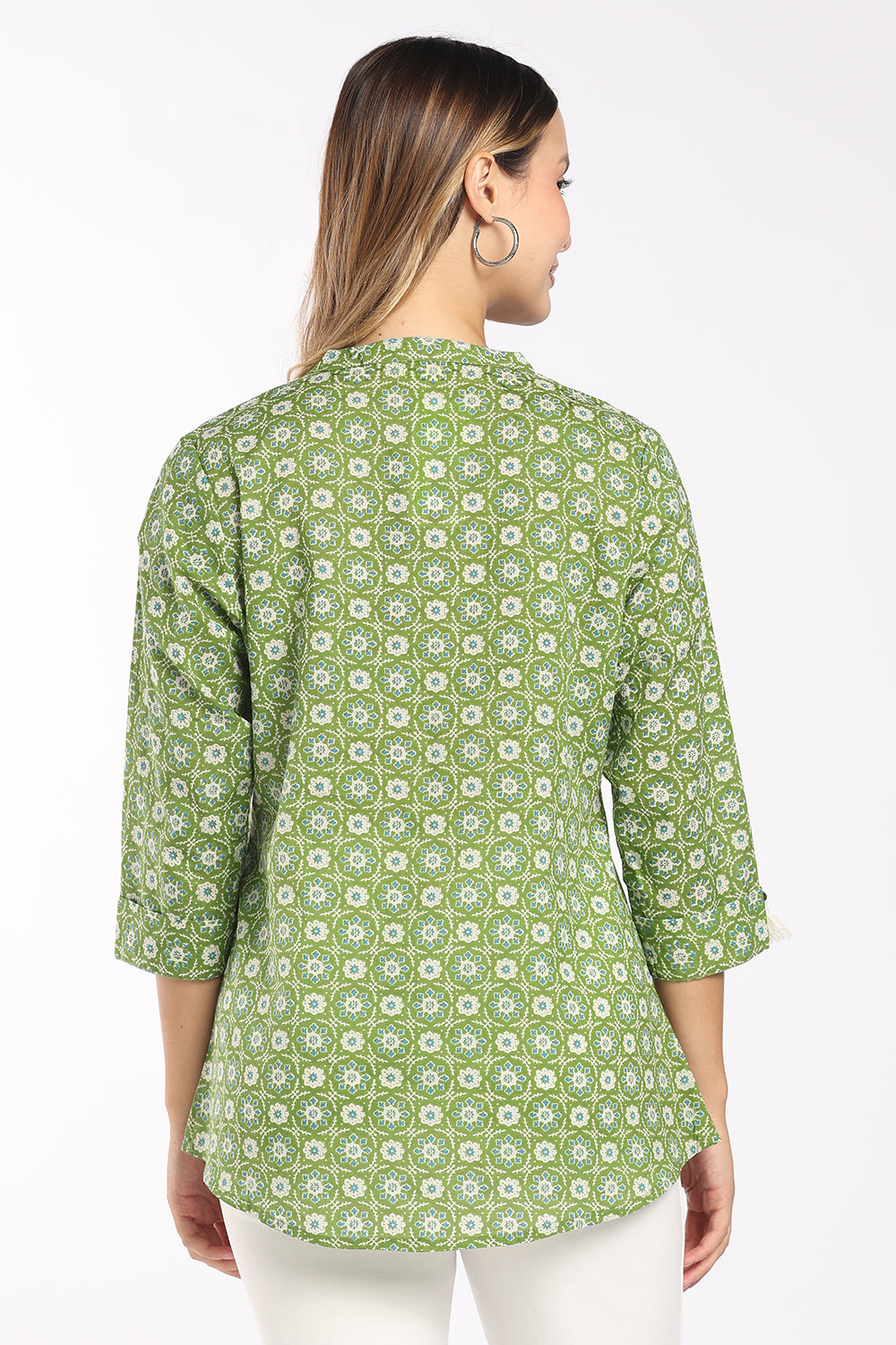 Mythri Women's Floral Block Print Cotton Top | Mandarin Collar Split V-Neck Tassel Detail Top | Regular Fit Everyday & Office Wear - T416