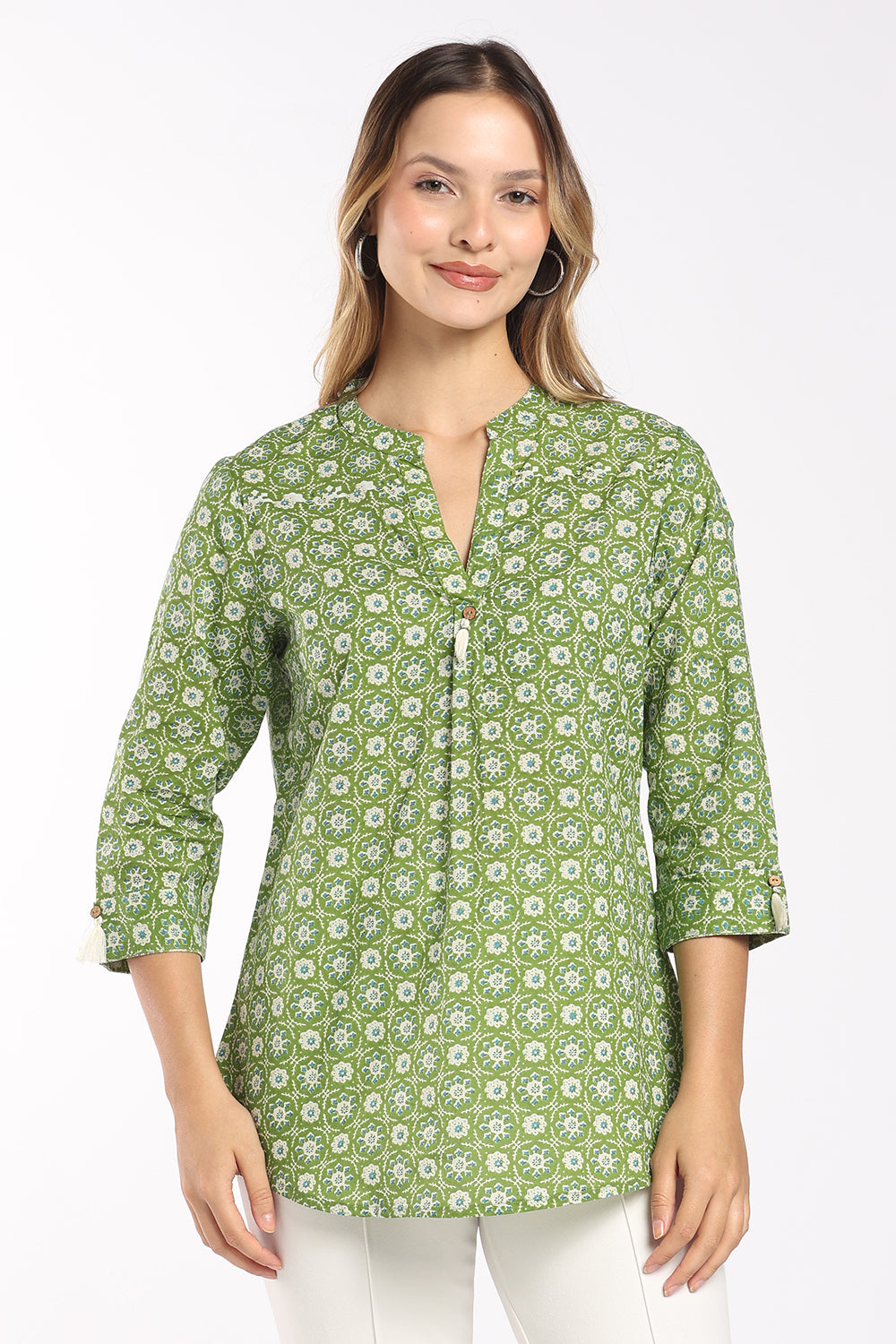 Mythri Women's Floral Block Print Cotton Top | Mandarin Collar Split V-Neck Tassel Detail Top | Regular Fit Everyday & Office Wear - T416