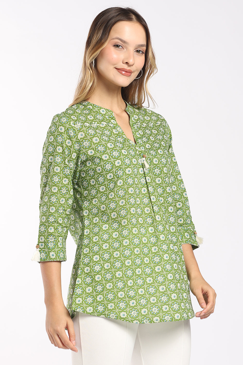 Mythri Women's Floral Block Print Cotton Top | Mandarin Collar Split V-Neck Tassel Detail Top | Regular Fit Everyday & Office Wear - T416