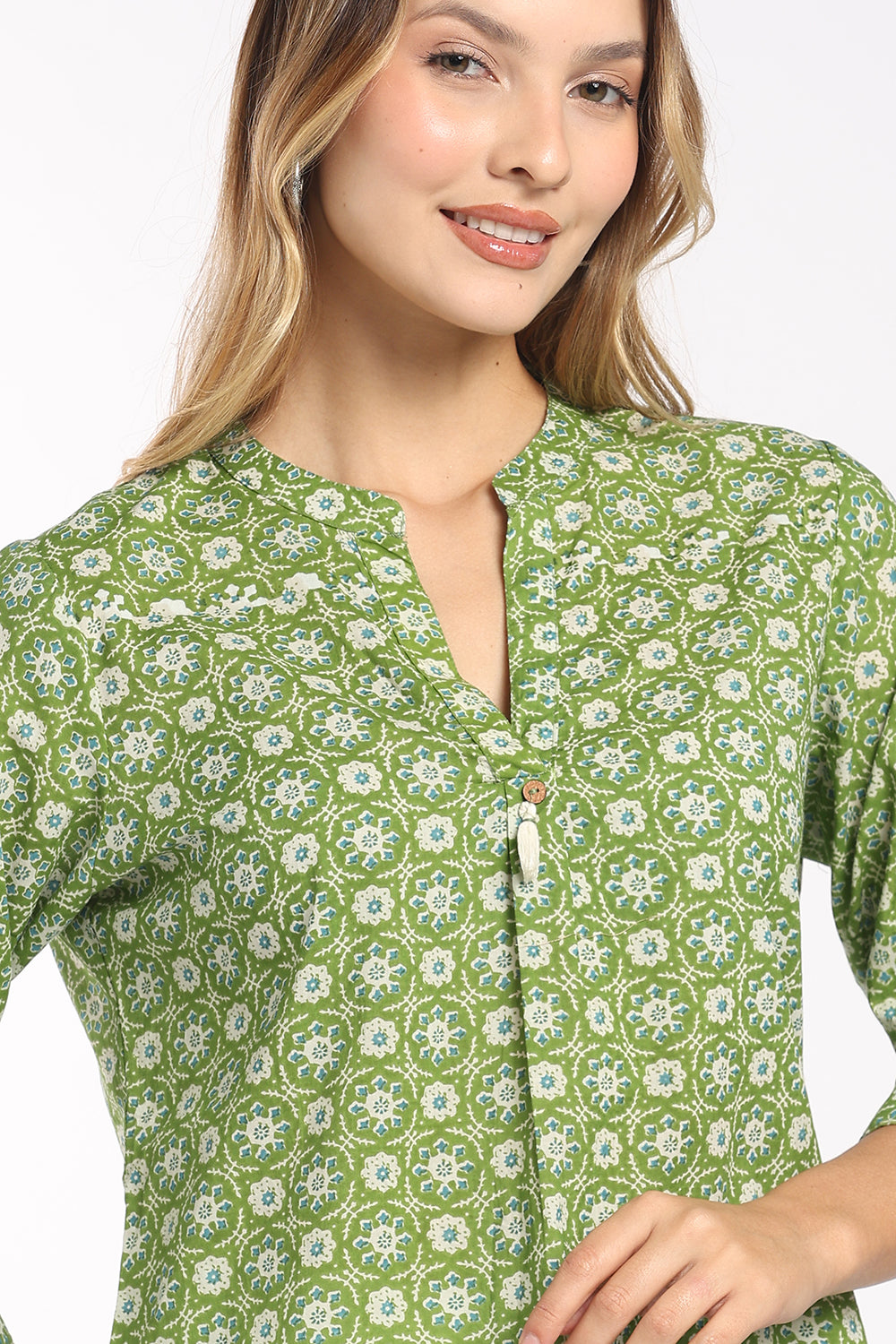 Mythri Women's Floral Block Print Cotton Top | Mandarin Collar Split V-Neck Tassel Detail Top | Regular Fit Everyday & Office Wear - T416