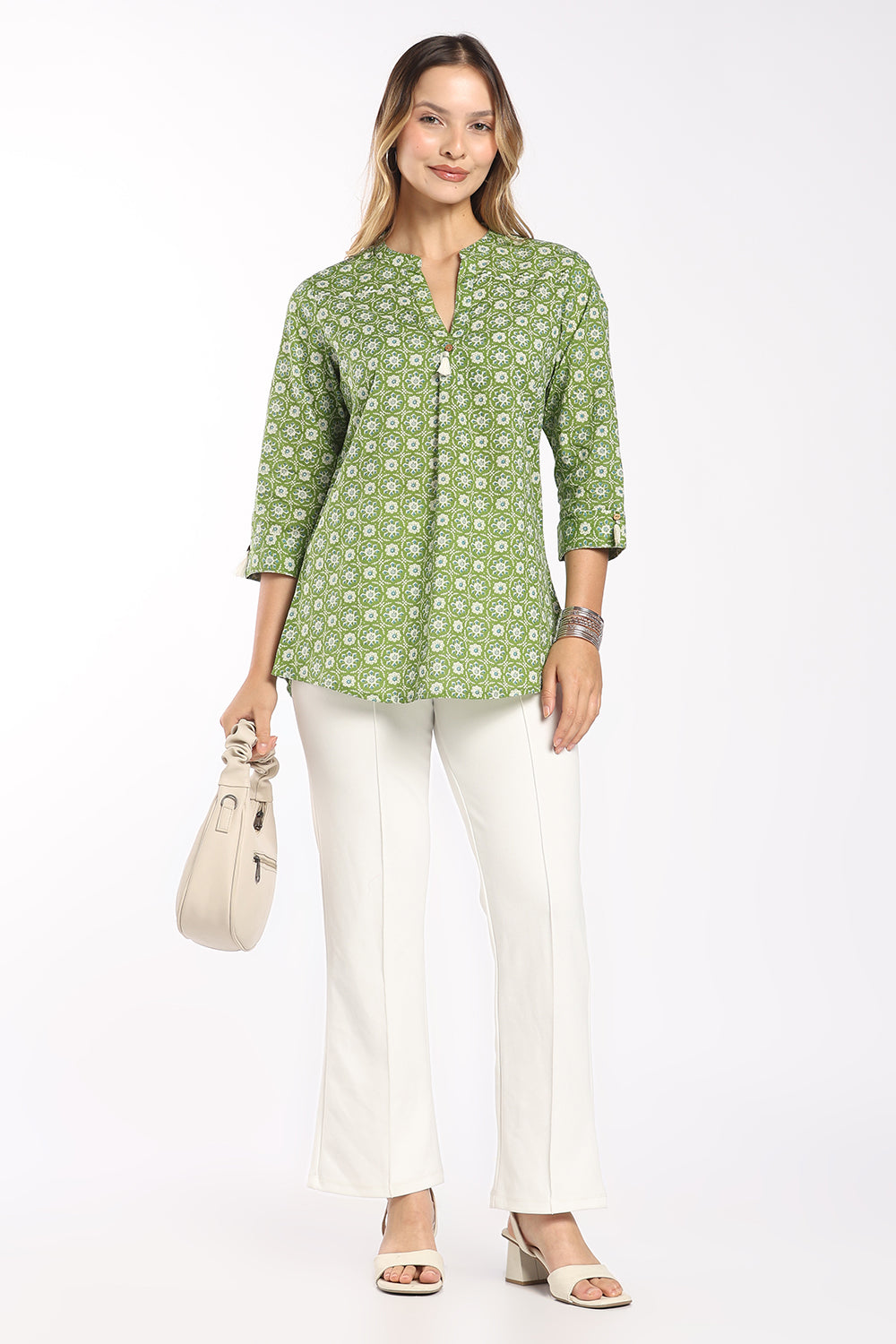 Mythri Women's Floral Block Print Cotton Top | Mandarin Collar Split V-Neck Tassel Detail Top | Regular Fit Everyday & Office Wear - T416