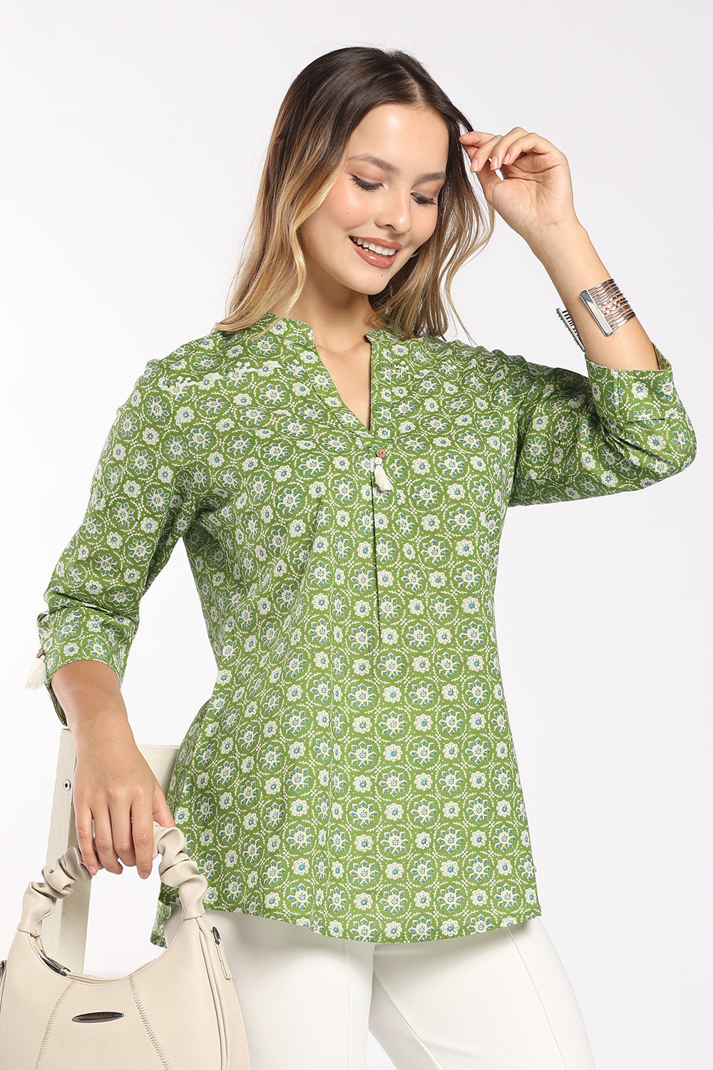 Mythri Women's Floral Block Print Cotton Top | Mandarin Collar Split V-Neck Tassel Detail Top | Regular Fit Everyday & Office Wear - T416