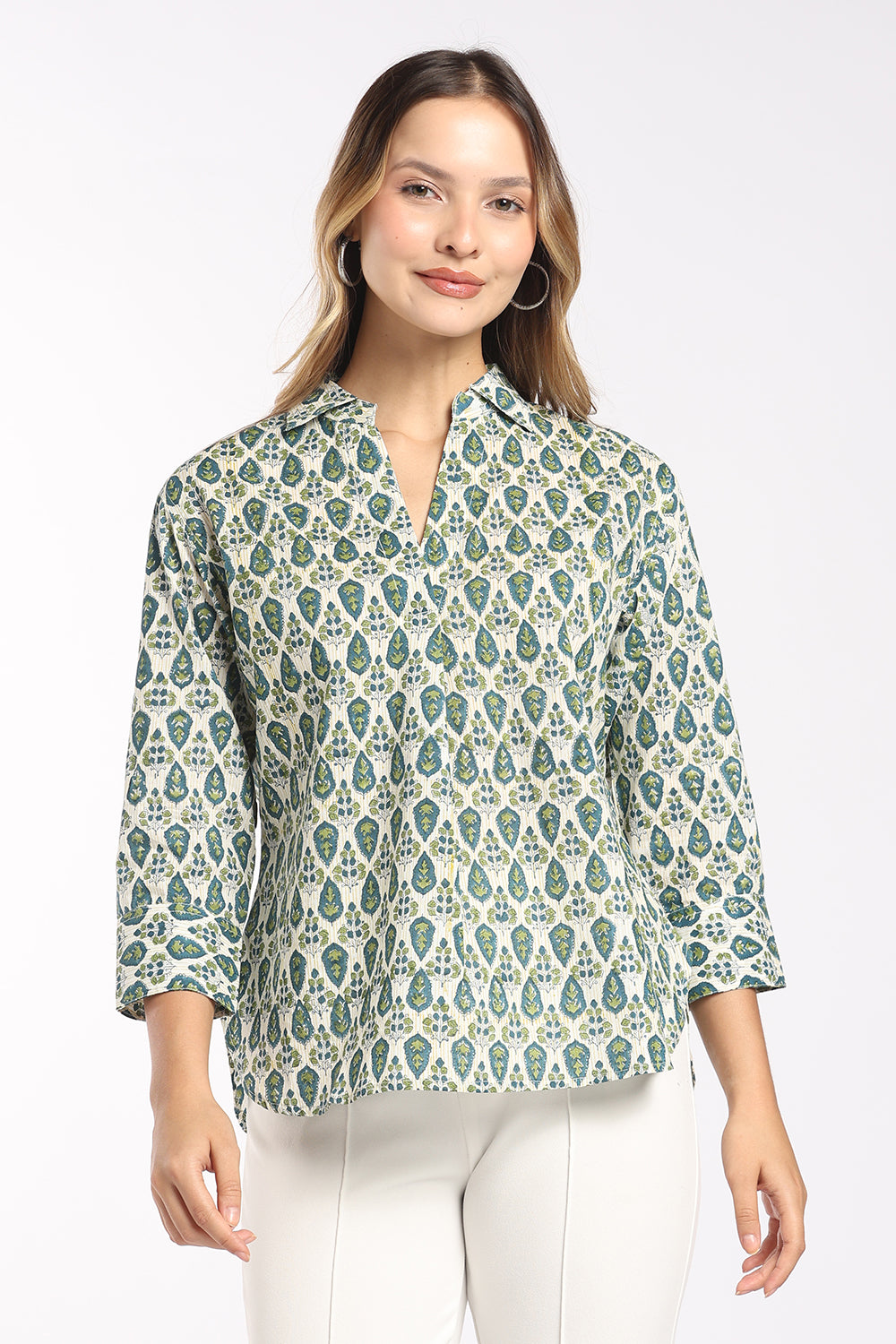 Mythri Women's Cotton Top | Shirt Collar Notch Neck Top with Inverted Pleat & 3/4 Sleeves | Regular Fit Office & Everyday Wear - SH27