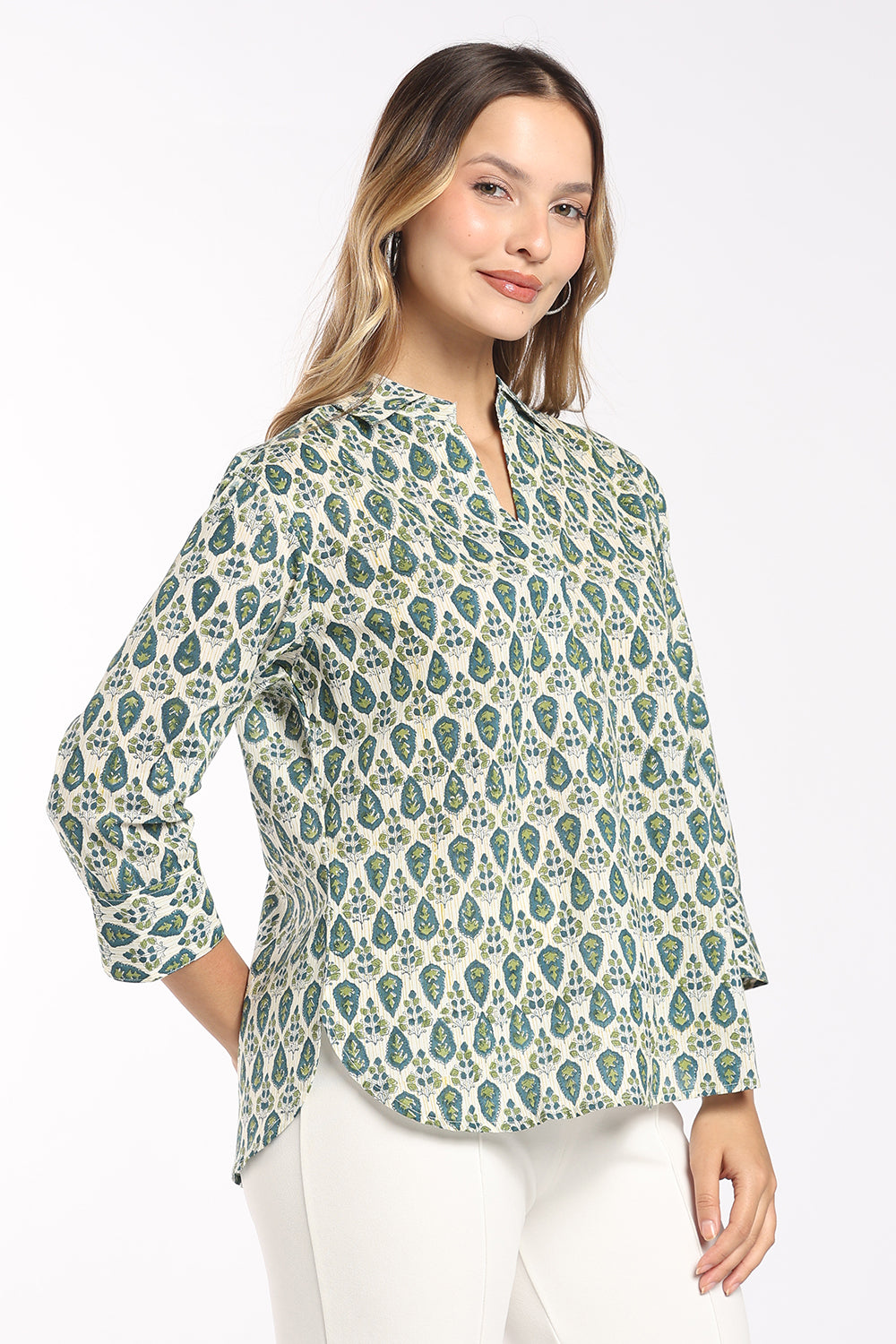 Mythri Women's Cotton Top | Shirt Collar Notch Neck Top with Inverted Pleat & 3/4 Sleeves | Regular Fit Office & Everyday Wear - SH27