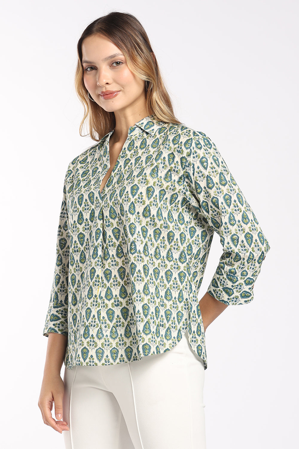 Mythri Women's Cotton Top | Shirt Collar Notch Neck Top with Inverted Pleat & 3/4 Sleeves | Regular Fit Office & Everyday Wear - SH27