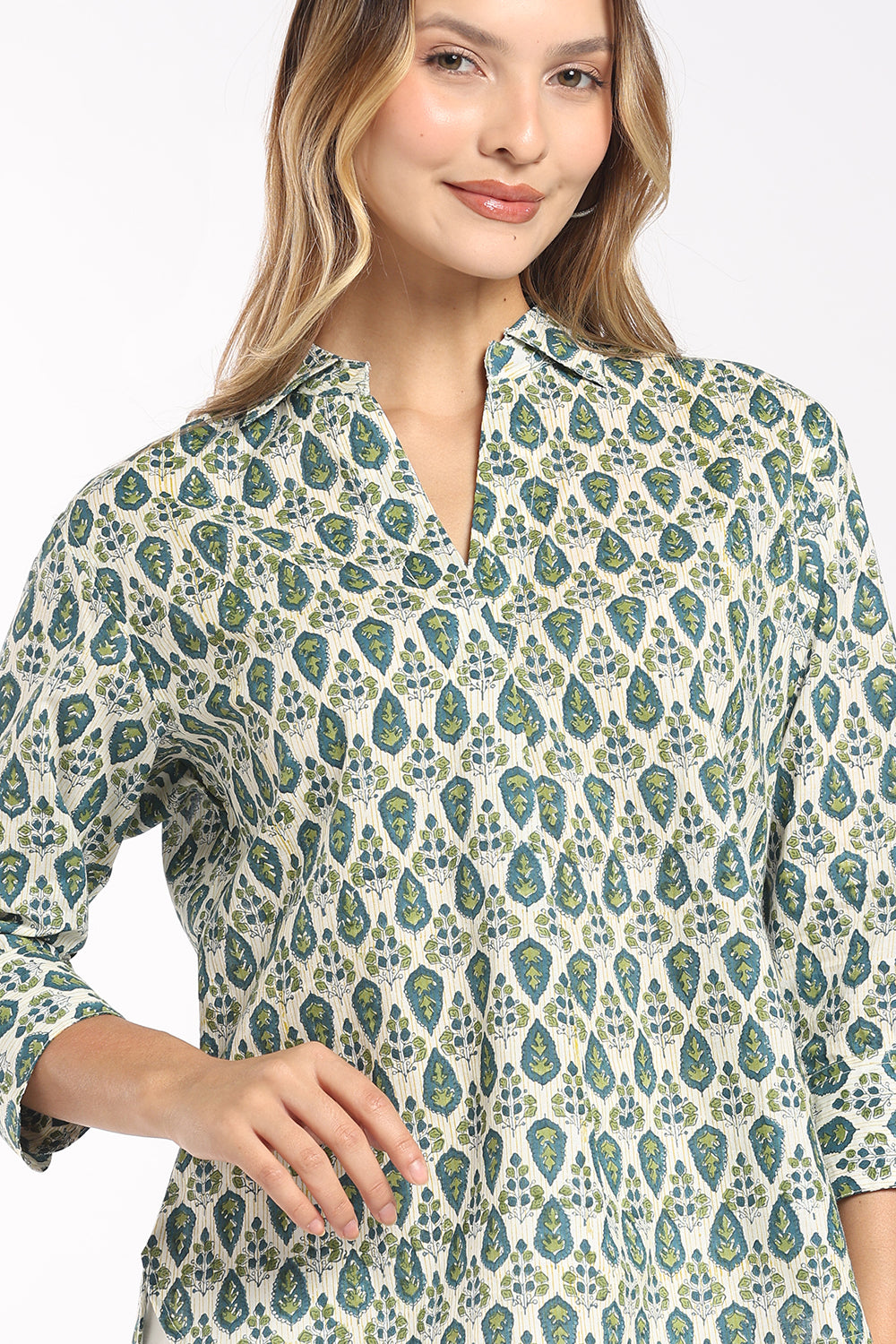 Mythri Women's Cotton Top | Shirt Collar Notch Neck Top with Inverted Pleat & 3/4 Sleeves | Regular Fit Office & Everyday Wear - SH27