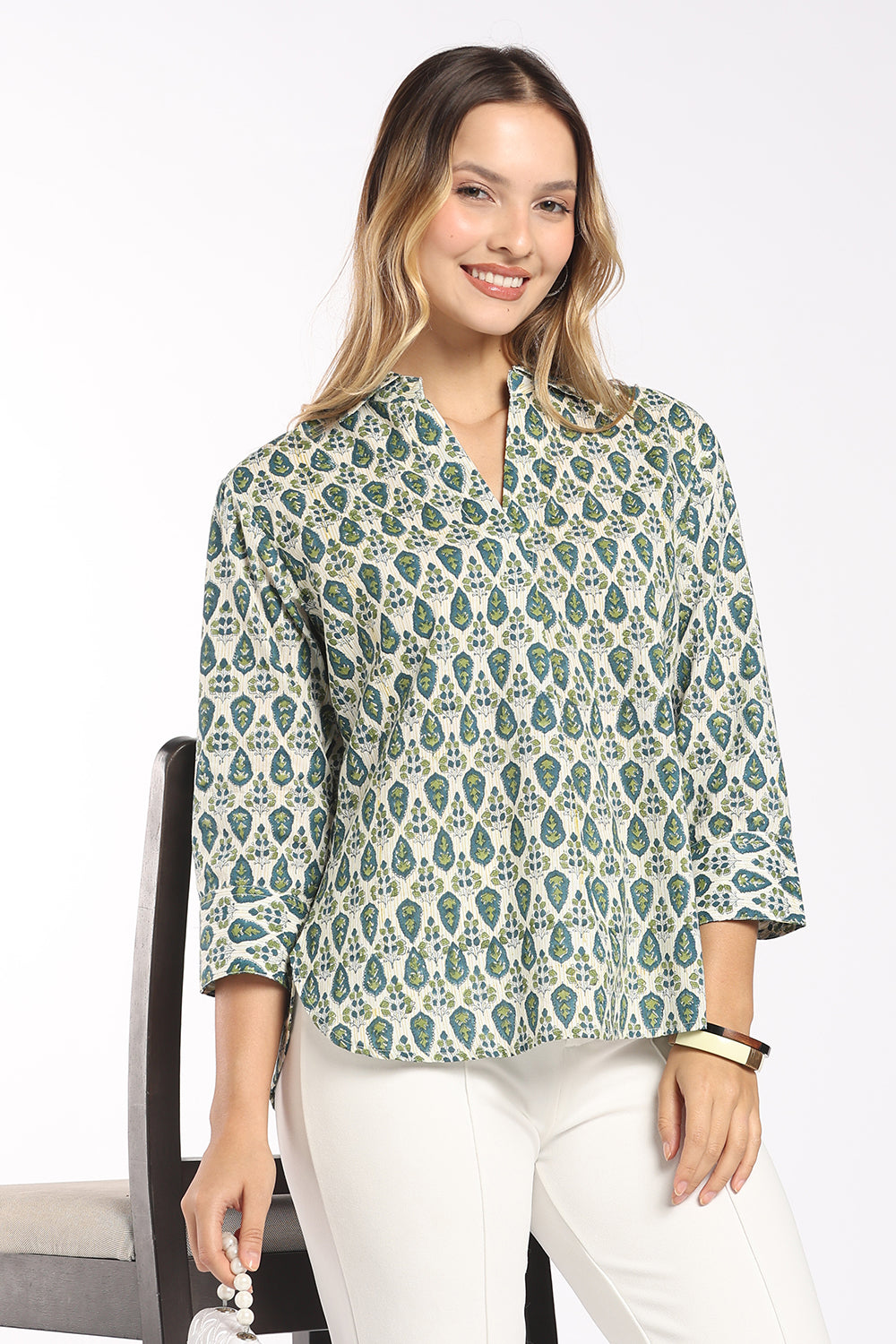 Mythri Women's Cotton Top | Shirt Collar Notch Neck Top with Inverted Pleat & 3/4 Sleeves | Regular Fit Office & Everyday Wear - SH27