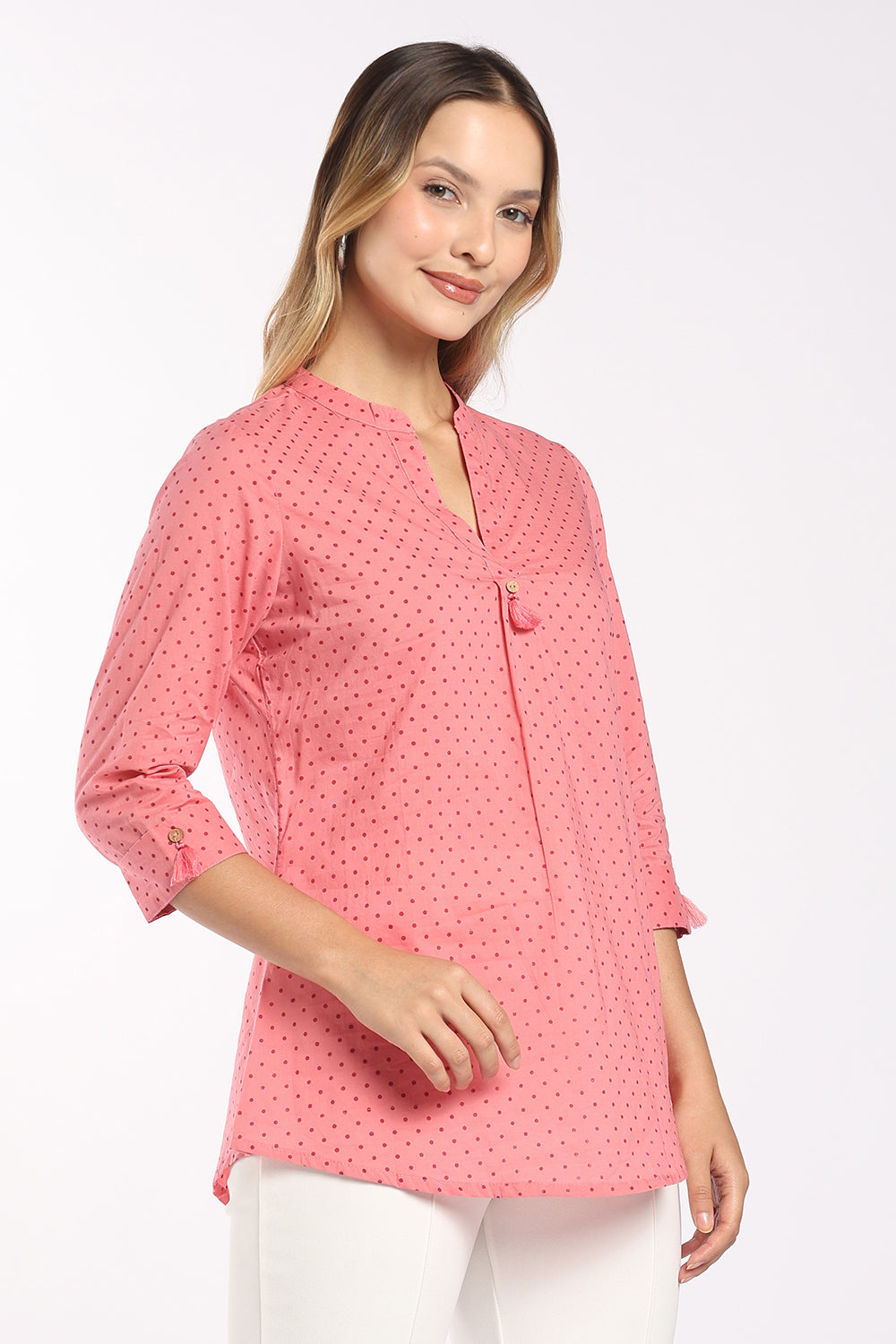 Mythri Women's Cotton Printed Top | Micro Polka Dot Notch Neck Top for Women | Regular Fit Office, Casual & Everyday Wear - T414