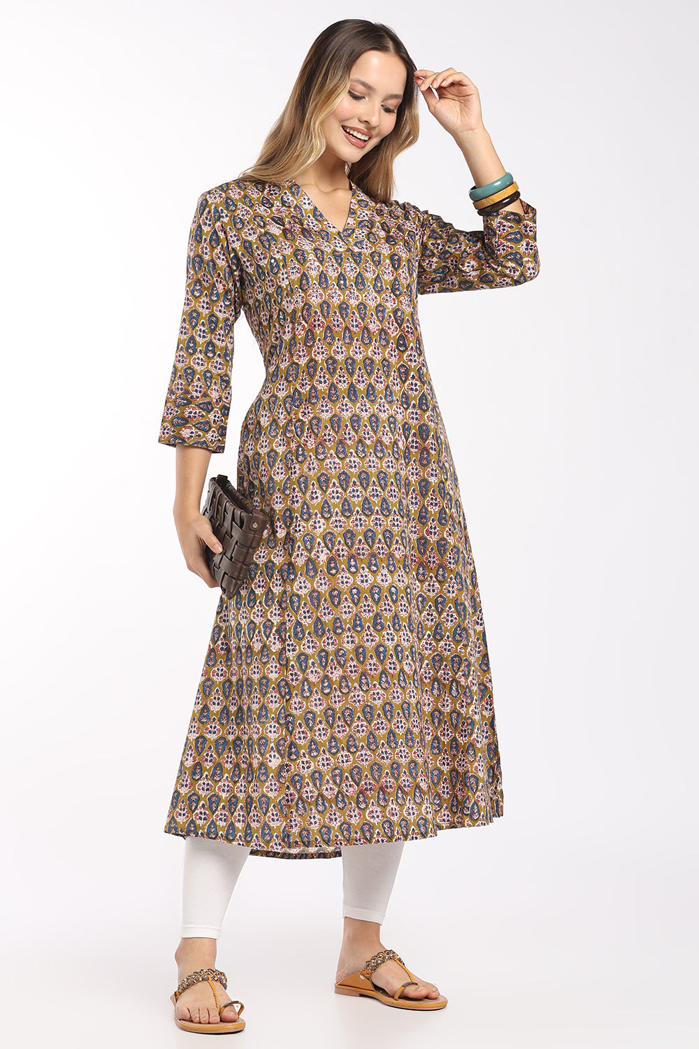 Mythri Women's Cotton Printed A-Line Kurti | Shawl Collar V-Neck Ethnic Kurti for Women | Regular Fit Office, Casual & Daily Wear - SH28