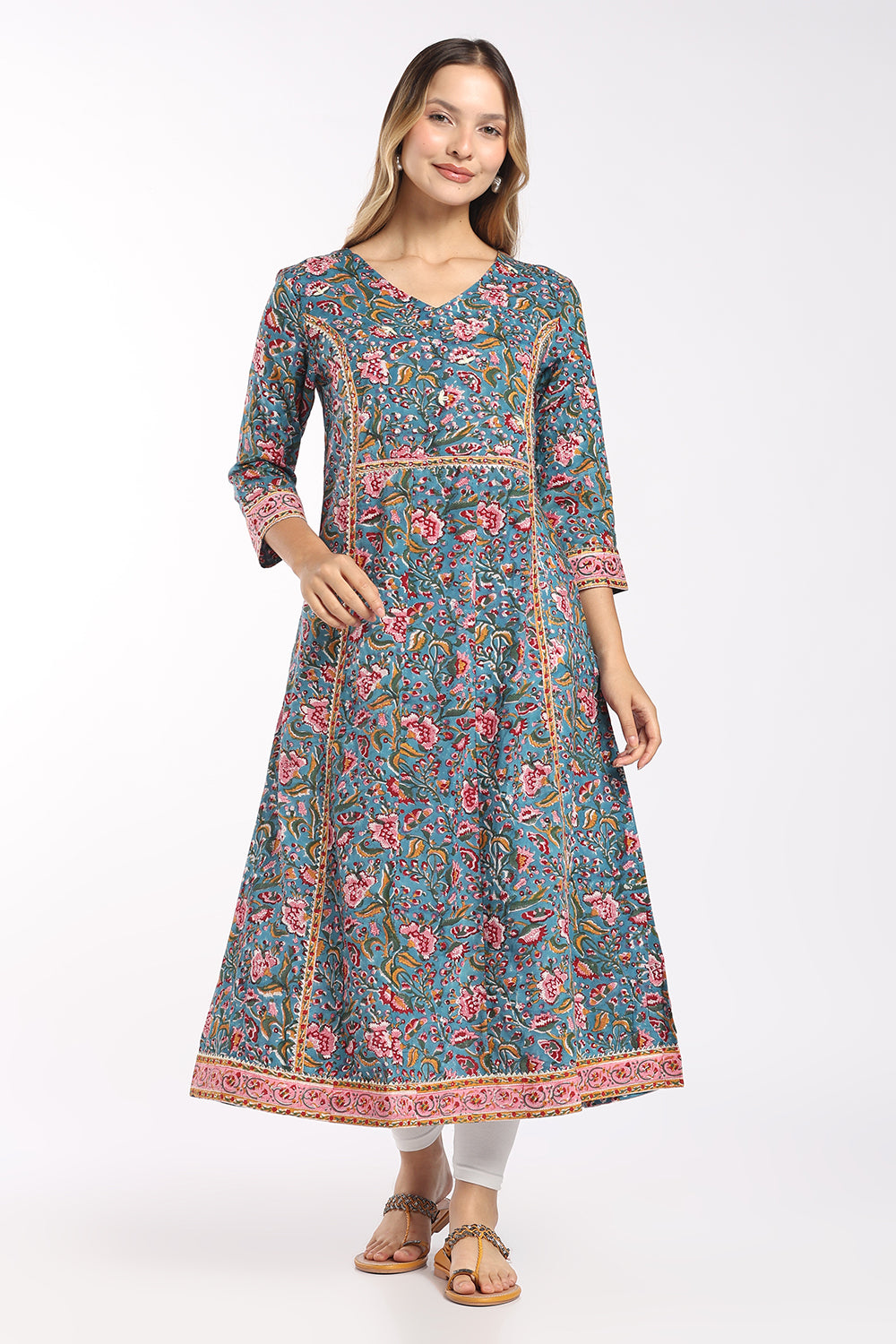 Mythri Women's Cotton Flared Kurti | Soft V-Neck Lace Detail Kurti for Women | Regular Fit Casual, Office & Everyday Ethnic Wear - SH30