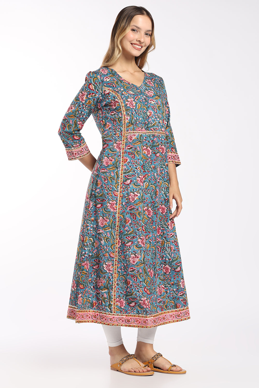 Mythri Women's Cotton Flared Kurti | Soft V-Neck Lace Detail Kurti for Women | Regular Fit Casual, Office & Everyday Ethnic Wear - SH30