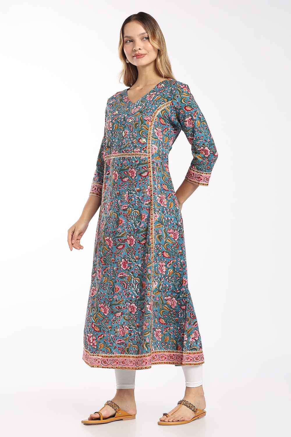 Mythri Women's Cotton Flared Kurti | Soft V-Neck Lace Detail Kurti for Women | Regular Fit Casual, Office & Everyday Ethnic Wear - SH30