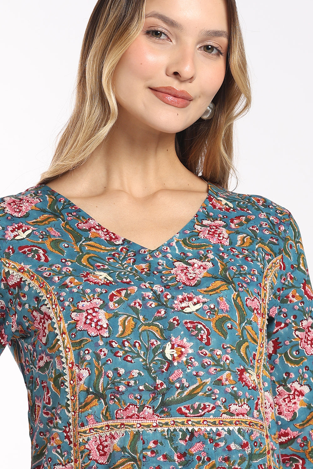 Mythri Women's Cotton Flared Kurti | Soft V-Neck Lace Detail Kurti for Women | Regular Fit Casual, Office & Everyday Ethnic Wear - SH30