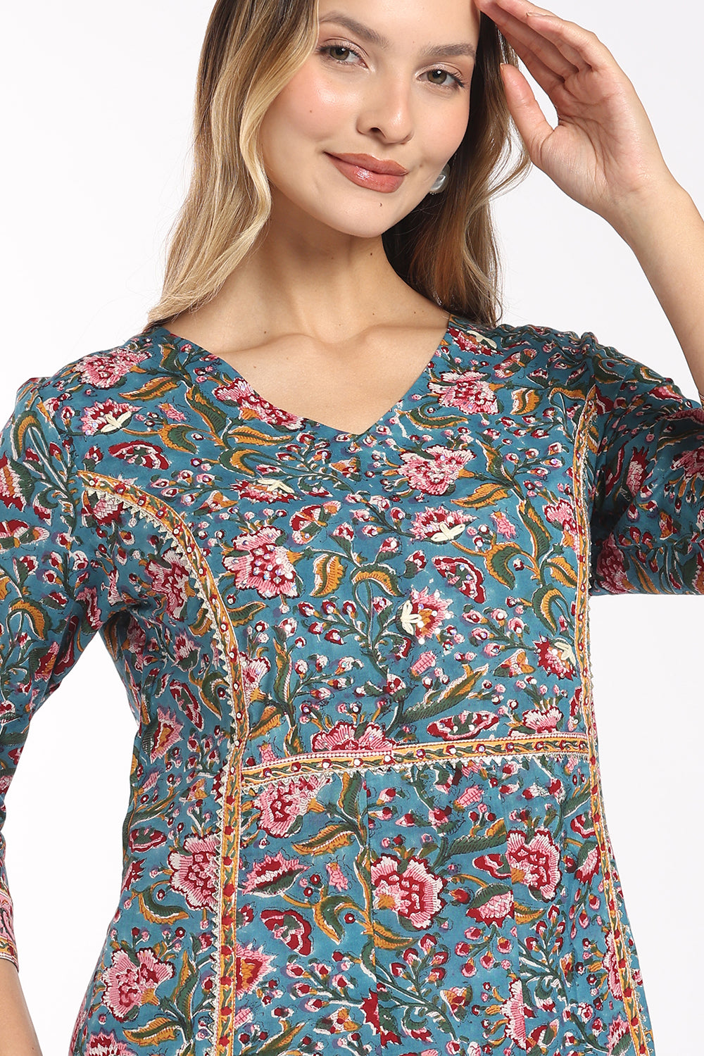Mythri Women's Cotton Flared Kurti | Soft V-Neck Lace Detail Kurti for Women | Regular Fit Casual, Office & Everyday Ethnic Wear - SH30