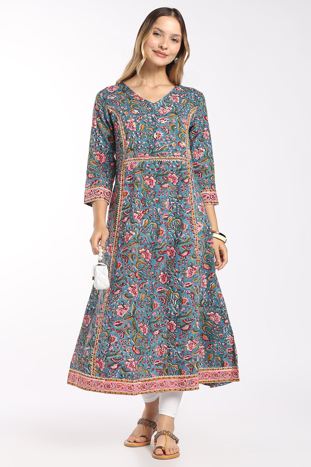 Mythri Women's Cotton Flared Kurti | Soft V-Neck Lace Detail Kurti for Women | Regular Fit Casual, Office & Everyday Ethnic Wear - SH30