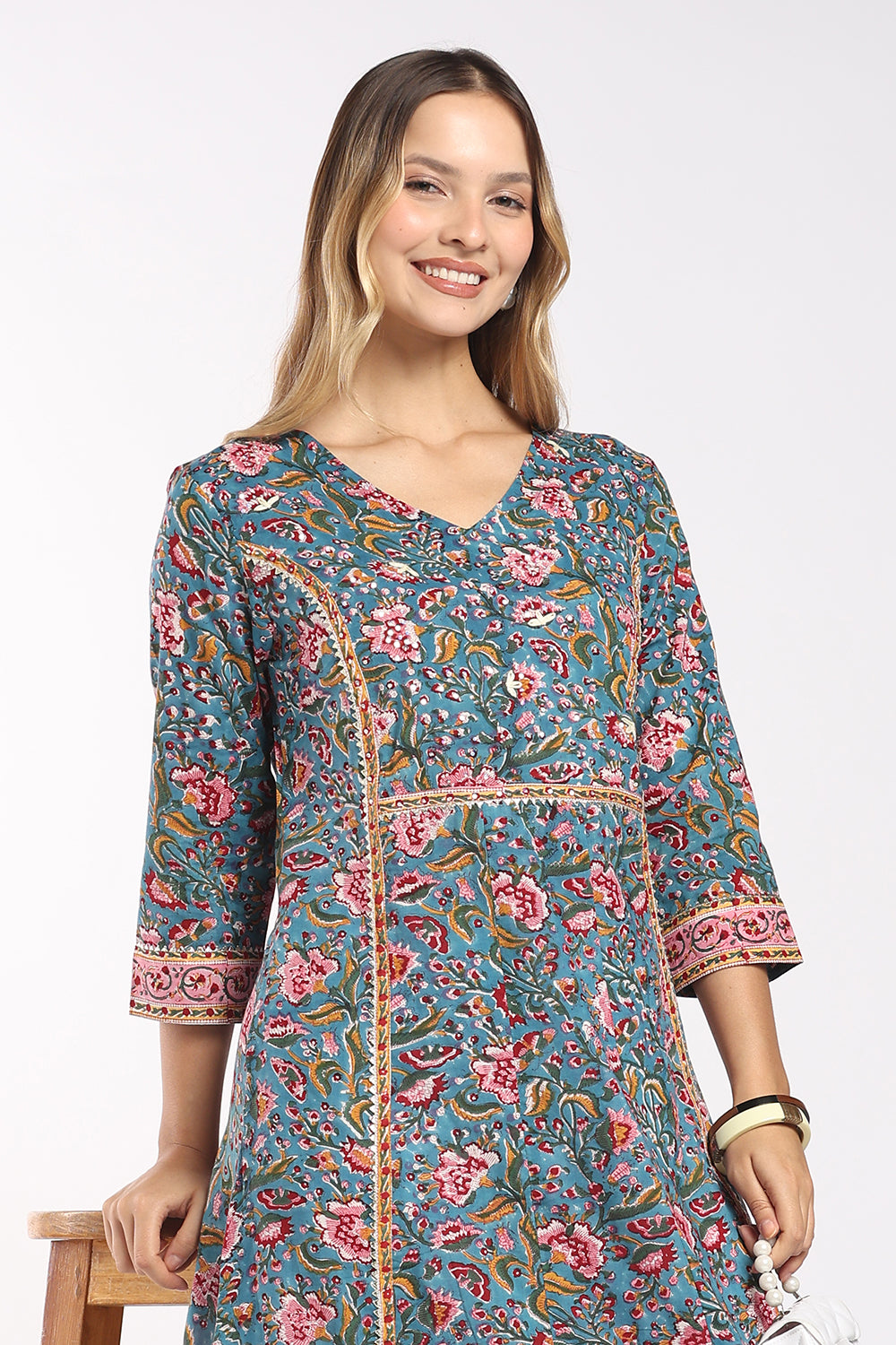 Mythri Women's Cotton Flared Kurti | Soft V-Neck Lace Detail Kurti for Women | Regular Fit Casual, Office & Everyday Ethnic Wear - SH30