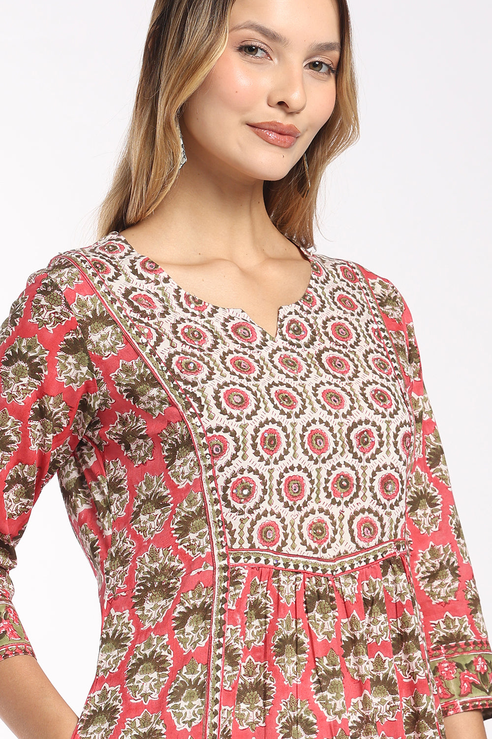 Mythri Women's Cotton Fit & Flare Kurti | Round Neck Yoke Detail Kurti for Women | Regular Fit Casual, Office & Everyday Ethnic Wear - SH29