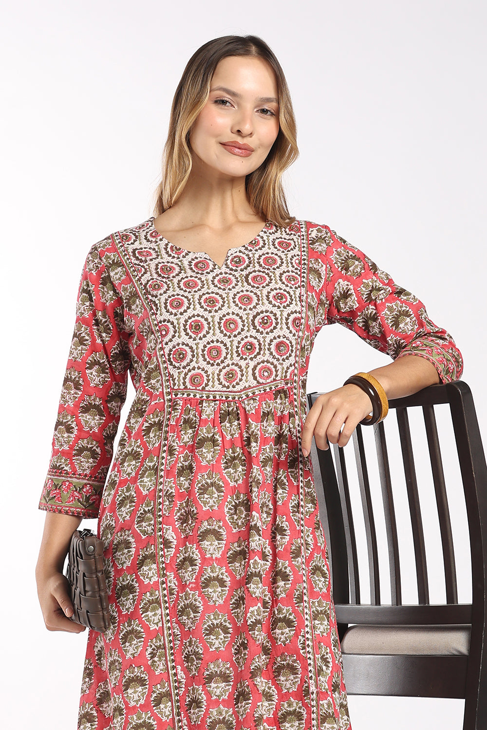 Mythri Women's Cotton Fit & Flare Kurti | Round Neck Yoke Detail Kurti for Women | Regular Fit Casual, Office & Everyday Ethnic Wear - SH29
