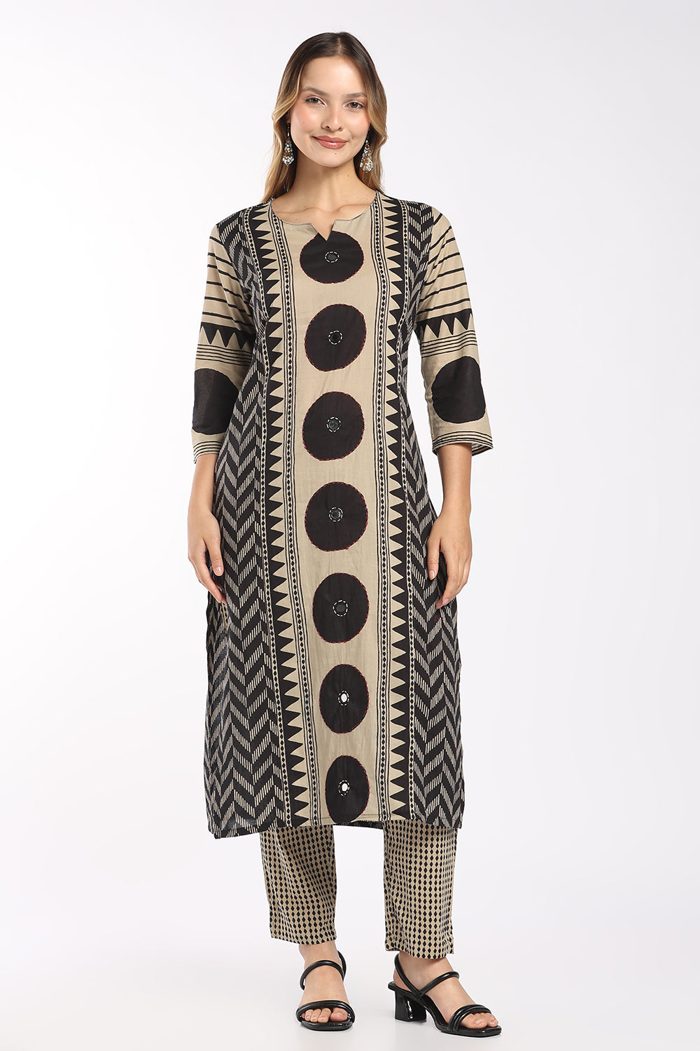 Mythri Women’s Cotton Printed Chudidar Set | 3 Piece Kurta Set with 3/4 Sleeves | Regular Fit Ethnic Suit Set for Daily Office & Casual Wear - 1434