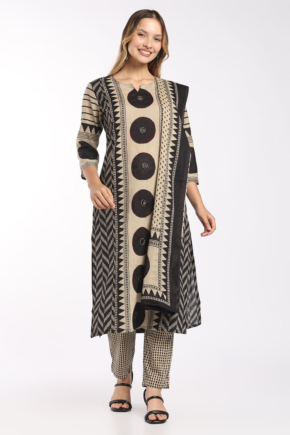 Mythri Women’s Cotton Printed Chudidar Set | 3 Piece Kurta Set with 3/4 Sleeves | Regular Fit Ethnic Suit Set for Daily Office & Casual Wear - 1434