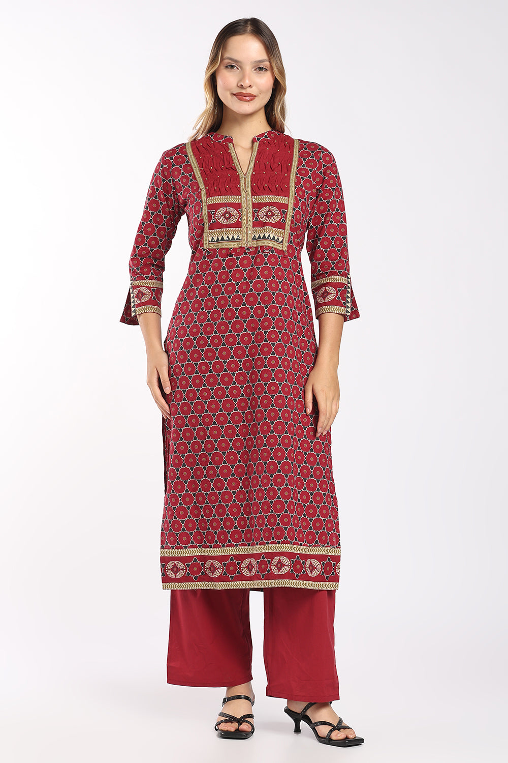 Mythri Women's Cotton Printed Salwar Set | Mandarin Collar Notch Neck Chudidar Set with 3/4 Sleeves | Daily, Office & Casual Ethnic Wear - 1519
