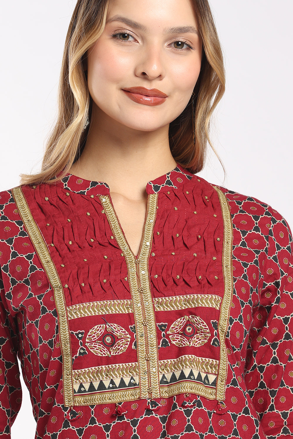 Mythri Women's Cotton Printed Salwar Set | Mandarin Collar Notch Neck Chudidar Set with 3/4 Sleeves | Daily, Office & Casual Ethnic Wear - 1519