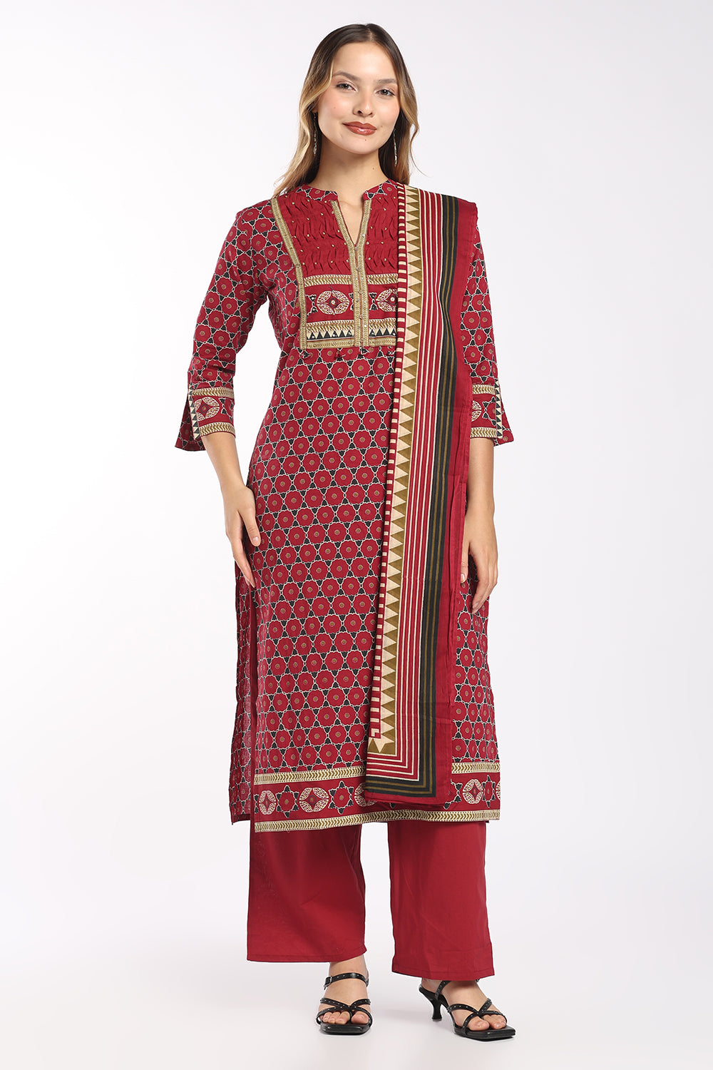 Mythri Women's Cotton Printed Salwar Set | Mandarin Collar Notch Neck Chudidar Set with 3/4 Sleeves | Daily, Office & Casual Ethnic Wear - 1519
