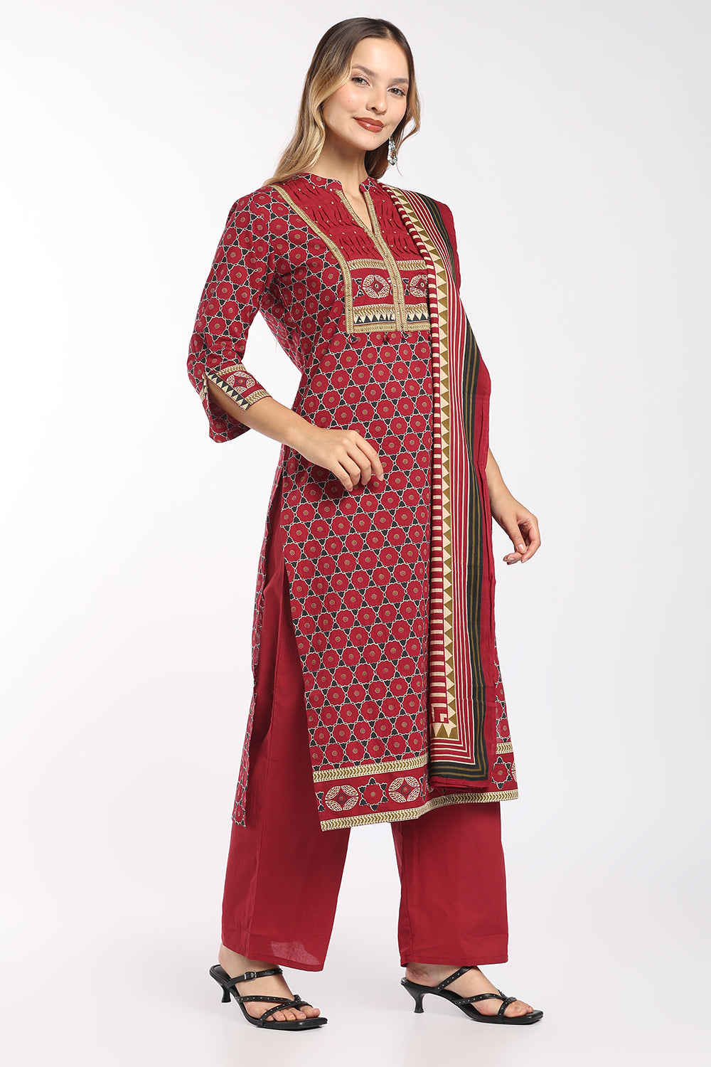Mythri Women's Cotton Printed Salwar Set | Mandarin Collar Notch Neck Chudidar Set with 3/4 Sleeves | Daily, Office & Casual Ethnic Wear - 1519
