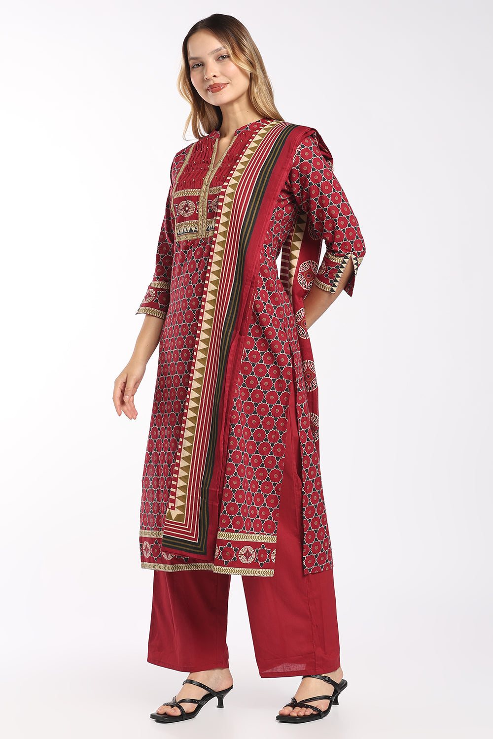 Mythri Women's Cotton Printed Salwar Set | Mandarin Collar Notch Neck Chudidar Set with 3/4 Sleeves | Daily, Office & Casual Ethnic Wear - 1519