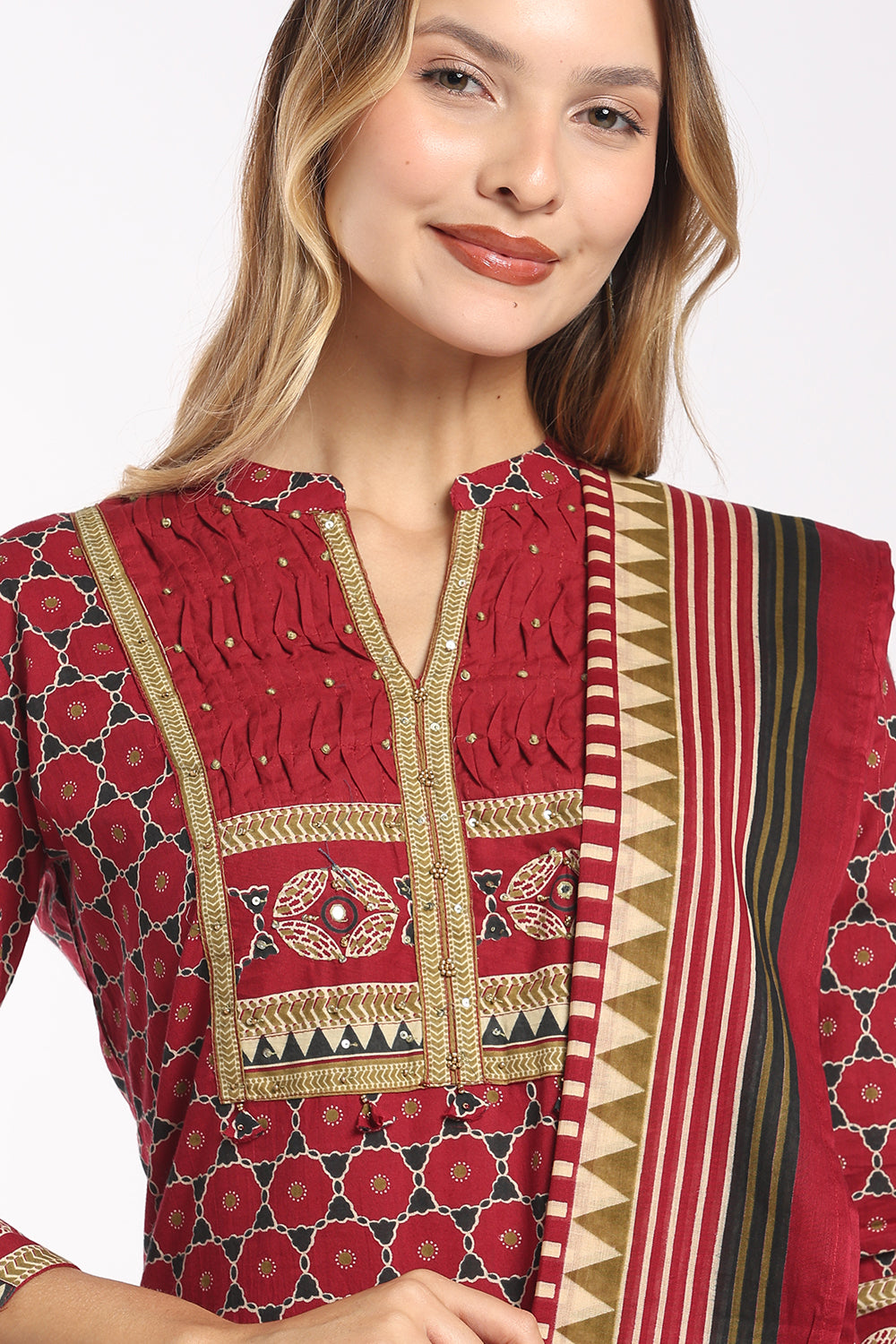 Mythri Women's Cotton Printed Salwar Set | Mandarin Collar Notch Neck Chudidar Set with 3/4 Sleeves | Daily, Office & Casual Ethnic Wear - 1519