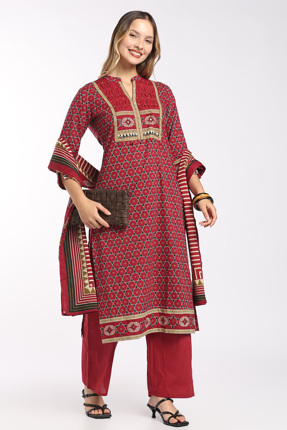 Mythri Women's Cotton Printed Salwar Set | Mandarin Collar Notch Neck Chudidar Set with 3/4 Sleeves | Daily, Office & Casual Ethnic Wear - 1519
