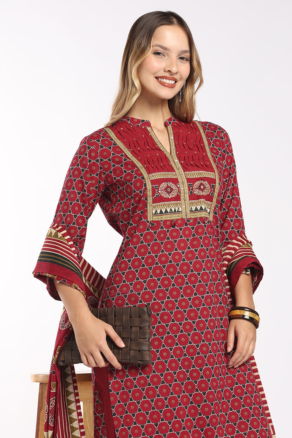 Mythri Women's Cotton Printed Salwar Set | Mandarin Collar Notch Neck Chudidar Set with 3/4 Sleeves | Daily, Office & Casual Ethnic Wear - 1519